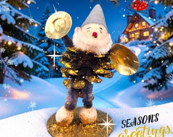 Vintage Pinecone Elf Cymbals Christmas Ornament Gray Flocked Hat Chenille Spun Cotton Gold Mica Putz 1950s Japan Figure