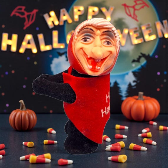 Vintage Witch Collar Hugger Happy Halloween Red Hag 1970'S Pencil Hugger BABA Yaga Kitchen Witch Blow Mold Style Head