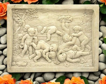 Vintage Cherubs Playing Scene Plaster Relief Wall Art Bacchanalian Style Raise Relief Tile Wall