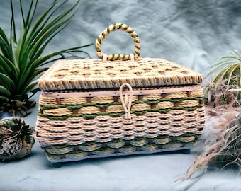 Vintage Sewing Basket Japan Woven Inside Tray Green Satin Lined Sewing Box