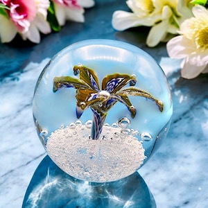 Vintage Art Glass Clear Controlled Bubble Blue Striped Floral Paperweight Sphere