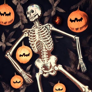 Vintage Beistle Skeleton Jointed Diecut Halloween Decoration Spooky 15 inch Made in USA Windows Doors