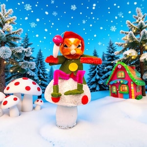Adorno navideño vintage Shiny Brite Pixie Elf Mica Glitter Spotted Mushroom de los años 50, MCM, fieltro de chenilla, cartón, algodón hilado, rojo y amarillo v2