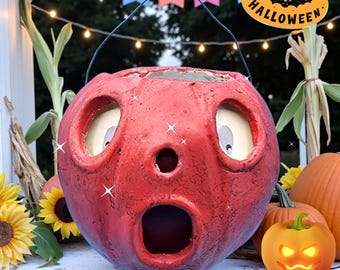 Secchio con testa di zucca spaventata, stile vintage, decorazione di Halloween, arte popolare, firmato dall'artista nel 2001, con etichetta originale Primitive