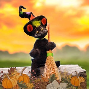 Annalee Witch Black Cat Halloween Figure #330606 4&quot; 2006 Mobilitee With Broom Vintage New Old Stock Halloween Cat Halloween Witch Plush