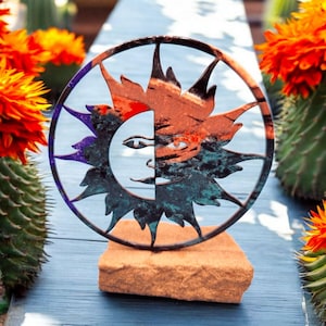 Metal Sun & Moon Face Décor Art Sculpture On Stone Base Weathered Finish