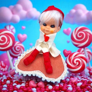 Puede incluir: Una muñeca con cabello blanco, botas rojas y un sombrero rojo se sienta sobre una base en forma de corazón, rodeada de piruletas, corazones rosas y caramelos. El fondo es un cielo azul brillante con nubes rosas.