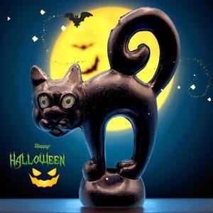 Vintage 1950s Halloween Scaredy Cat Blow Mold Figurine Hong Kong Black Cat Candy Container Plastic Kitsch Collectible v2