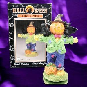 Figura de espantapájaros vintage de los años 70, cuervo de Halloween, pintada a mano con caja FHW