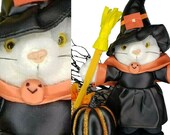 Witch Kitty Halloween Plush Doll Decor Broom Cape Cat Stuffed 12 quot Faux Leather Dress and Hat Felt Broom