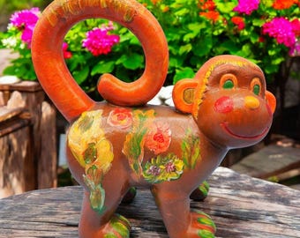 Hand-Painted Monkey Figurine With Floral Accents - Decorative Folk Art Piece For Home Or Garden