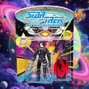 May include: Star Trek: The Next Generation Borg action figure in original packaging. The figure is black and gray with silver accents, and comes with accessories. The packaging features the Star Trek logo and text, with a colorful space-themed background.