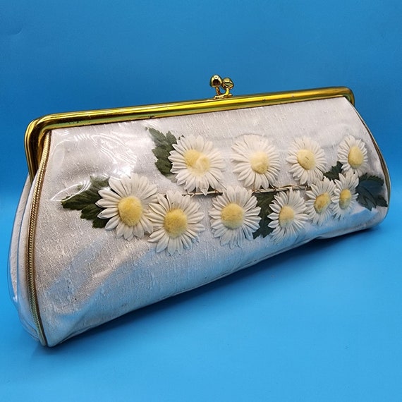 Vintage Vinyl Daisy Millinery Floral Clutch Kiss … - image 9