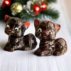 Vintage Shafford Black Cat Redwarw Figurines Japan 1950s Set Of 2 Glossy Finish