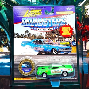 Vintage Johnny Lightning Dragsters U.S.A. 1995 &#39;71 Hawaiian Roland Leong Diecast Car 1995 Numbered Lt Ed. Collector Button Playing Mantis