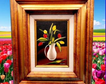 Tulipani, dipinto a olio originale firmato V.B. Martin, natura morta floreale gialla e rossa in cornice di legno decorata