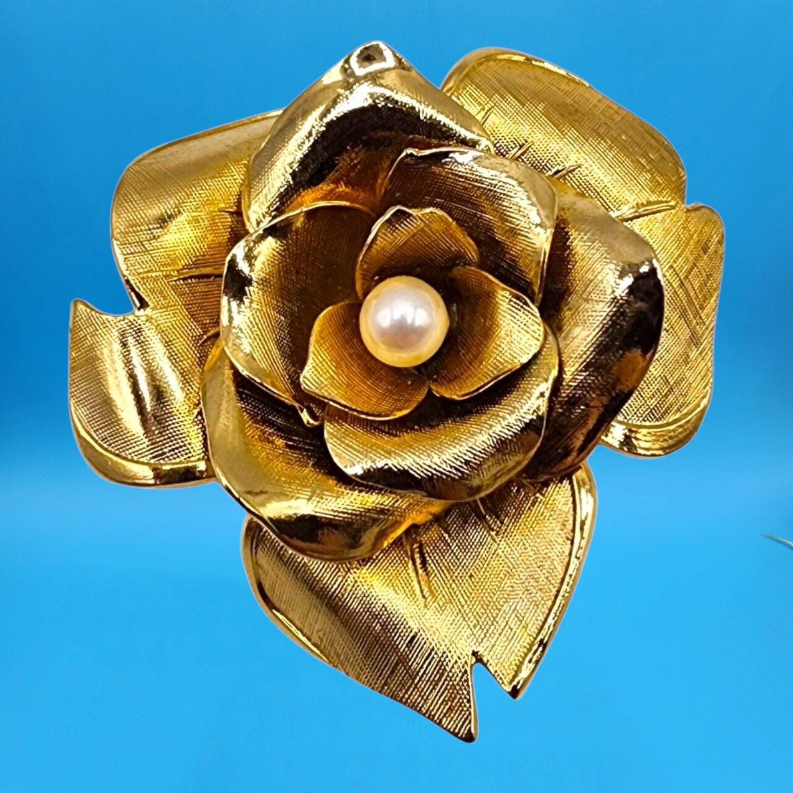 Vintage Coro Signed Gold Rose Brooch Faux Pearl Center 