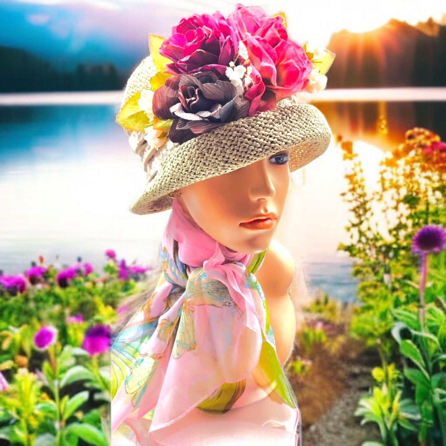 Vintage straw wide brim sun hat dark pink silk flowers cottagecore garden party 1950s/1960s Pink Magenta Straw Faux Floral The Fair Fort  main image 2