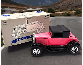 Vintage 1992 Liberty Classics Model A Roadster Pink Ford Coin Bank with Original Box & Key – 1:25 Scale Diecast Gift for Car Collector