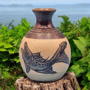 Hand-Thrown Koi Fish Art Studio Pottery Vase/Diffuser Natural Colors Rustic Charm