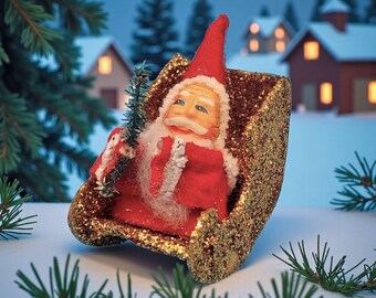 Ornamento di Babbo Natale vintage anni '50, spazzola per bottiglia con slitta dorata e glitter in mica, barba in ciniglia, abito in feltro, retrò, Natale, Giappone v2