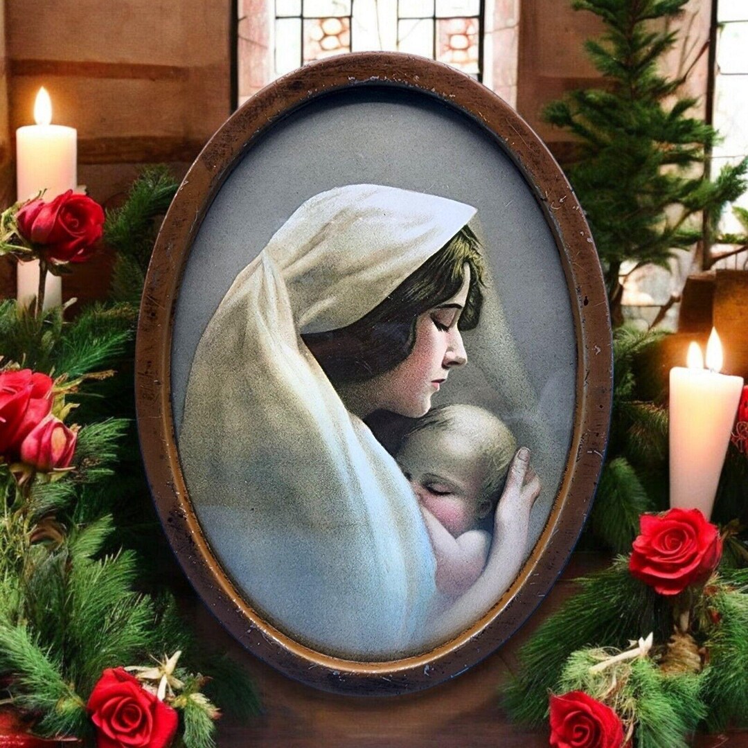Vintage Madonna and Child by Artist W.H. Partridge Print in Oval Metal ...