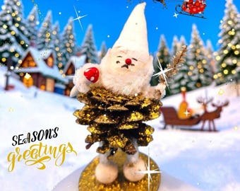 Vintage Pinecone Elf Christmas Ornament White Spun Cotton Pixie Mushroom Bottle Brush Gold Glitter Japan 1950s Putz Decor