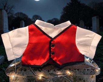 Camisa de disfraz de vampiro de Build-A-Bear, chaleco de satén rojo de Drácula, traje de peluche de Halloween, BABW, ropa de peluche descatalogada, disfraz gótico de los años 2000.