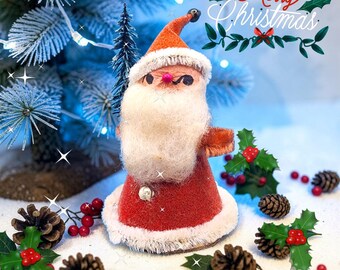 Ornamento natalizio vintage anni '50 Putz Santa, Giappone, in ciniglia filata rossa, con portabottiglie e albero di Natale, v1