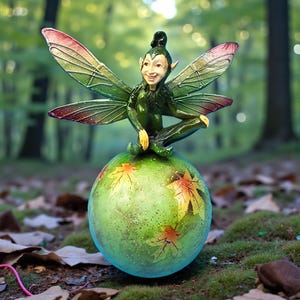 Puede incluir: Una caprichosa figura de hada con alas verdes y rojas, posada sobre un orbe verde decorado con hojas de otoño. El hada tiene una cara sonriente y viste de verde. El orbe tiene un acabado brillante, añadiendo un toque mágico a esta pieza decorativa.