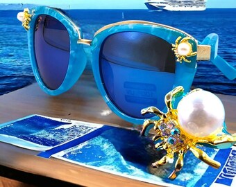 Retro Spider Cat Eye Blue Mirrored Sunglasses Pearl  display picture 2