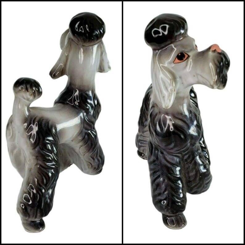 Vintage French Poodle 1950s Figurine Dog Silver Gray Pink MCM FeFe