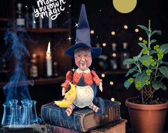 Vintage Poliwoggs Witch with Moon Halloween Figurine Dept 56 David Critchfield Vic Fortunato Primitive Folk Art 1990s Boxed