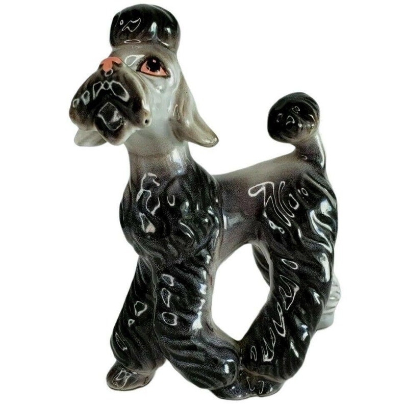 Vintage French Poodle 1950s Figurine Dog Silver Gray Pink MCM FeFe
