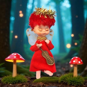 May include: A whimsical figurine of a fairy with red hair, a red dress, and small blue wings. The fairy holds a miniature guitar. The background features a forest scene with glowing lights and two red and white mushroom decorations.