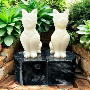 Italian Marble Cat Bookend Set White Black Veining and Base Made in Italy