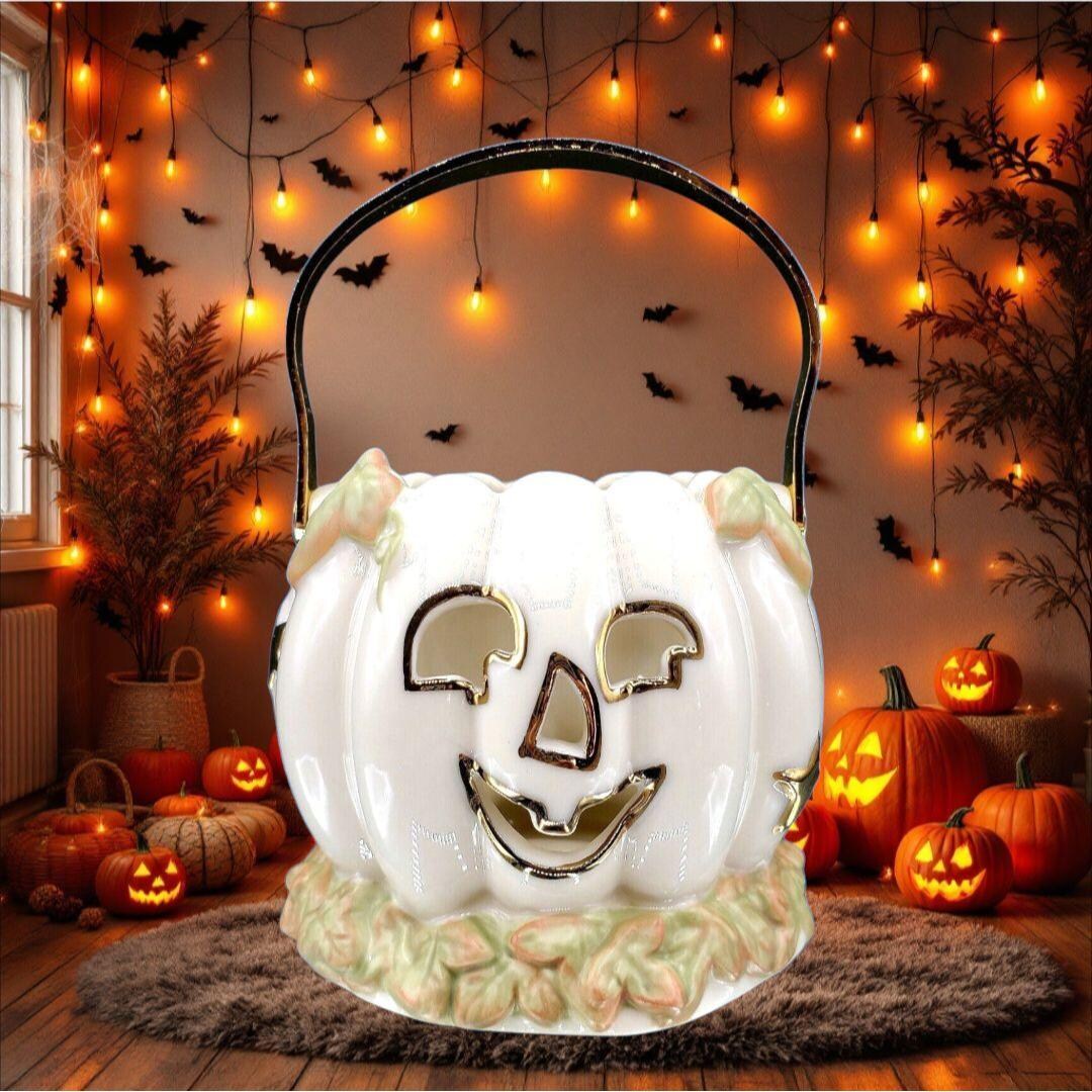 Lenox Pumpkin Bucket Votive Holder Halloween Decor China 24k Gold