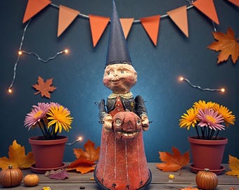 Statuetta di strega di Halloween in stile folk Poliwoggs vintage con zucca, etichetta originale, scultura americana primitiva, ritirata nel 2000