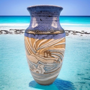 Mermaid The Lovers Art Pottery Vase Linda Ulrick 1984 Blue The Lovers Ocean Artist Scene Signed Lovers Clay Handthrown Shore Beach House