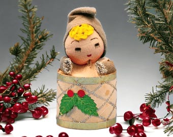 1950s Pixie Elf in Drum Oament Spun Pixie Cotton Foil Holly Felt Hat Putz Style Christmas