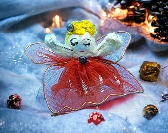 Angel Ornament Red Tulle Wings Chenille Cotton Spun Hair Mercury Glass 2" v2