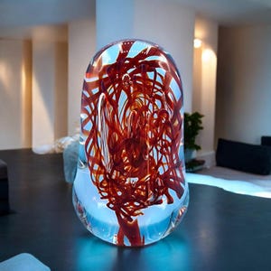Hand-Blown Art Glass Paperweight Sculpture With Red Swirls & Artist Signature