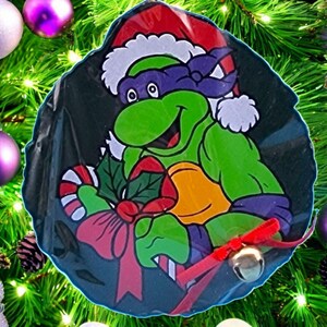 Vintage Teenage Mutant Ninja Turtles Donatello w/ Bell Ornament 1991 TMNT International Silver Wood Satin Loop Taiwan Wreath Shaped Donnie