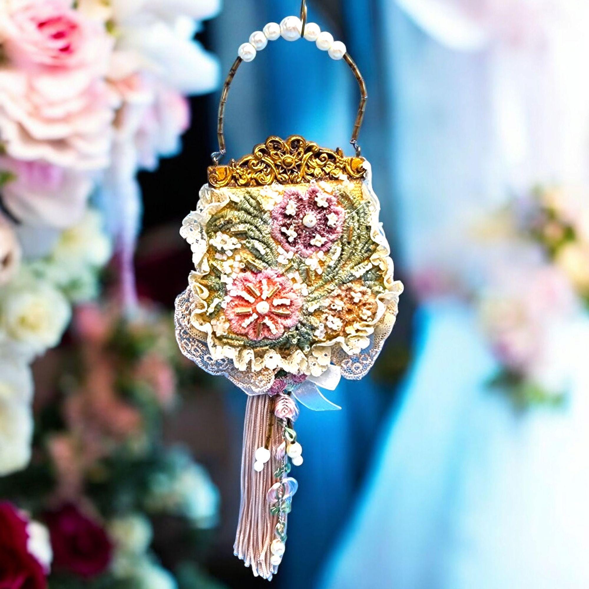 Victorian Purse Ornament Lace Roses Tassel Beaded Pearl Handle Bride ...
