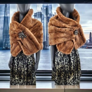 Mink Stole Whisky Brown Vintage Fur Cape Coat Wrap Shrug Formal Wedding Prom S/M