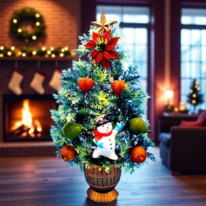 Vintage 1970s Christmas Tree Snowman Flocked Fruit Poinsettia Plastic Hong Kong