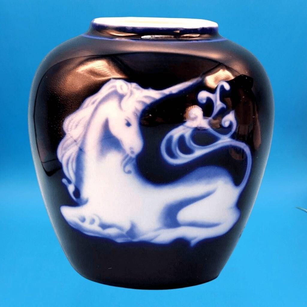 Vintage Unicorn Vase Cobalt Blue & White Porcelain Takahashi San