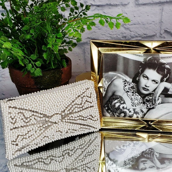 Vintage 60s Silver White Beaded Evening Clutch Sil