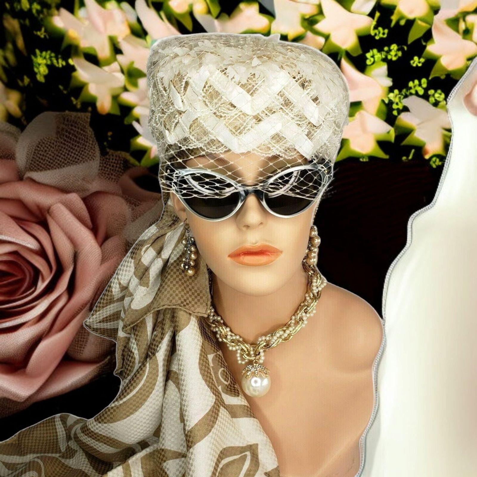 Ivory Floral & Pearl Birdcage Pillbox Hat With Tulle Veil  display picture 3
