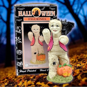 Vintage Mumie Monster Figur Halloween 1970s Vampir Fledermaus Kürbis FHW w/Box Handbemalt